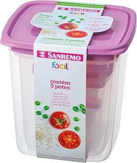 Sanremo - Kit Fácil com 5 Potes Plásticos Retangulares de Tamanhos Variados, Linha Fácil
