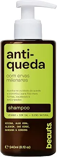 Shampoo Antiqueda com Babosa (Aloe Vera), Alecrim, Jaborandi, Rícino e Ginseng – Auxilia no Cuidado da Queda e no Fortalecimento Capilar – Vegano – 240 mL – Beauts