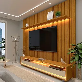 Rack com Painel Ripado para Tv até 85 Polegadas Led 3 Gavetas com Rodízios 230cm Gelius Naturale Naturale