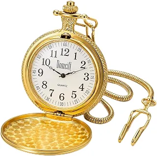 Relógio de Bolso Domcil Vintage Dourado Quartzo Analógico Clássico Retrô com Corrente Longa Tampa Frontal Presente Masculino