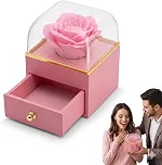 Caixa de Presente Rosa Eterna com Gaveta para Joias e Alianças Embalagem Romântica Para Dia dos Namorados, Flor Perfumada e Cúpula Transparente Surpresa Para Pedido Casamento e Namoro (Rosa)