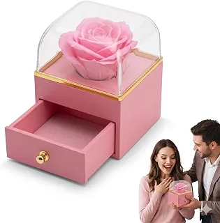 Caixa de Presente Rosa Eterna com Gaveta para Joias e Alianças Embalagem Romântica Para Dia dos Namorados, Flor Perfumada e Cúpula Transparente Surpresa Para Pedido Casamento e Namoro (Rosa)