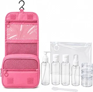 Necessaire Rosa + Kit Viagens 9 Recipiente Organizadores Reutilizáveis