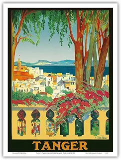 Tangier (Tanger) Marrocos - Pôster de viagem vintage mundial por Manuel Diaz Merry c.1928 - Impressão de arte mestre - 22,86 cm x 30,48 cm
