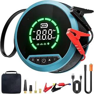 Compressor de ar Portatil Automotivo, PowerBank 10000mAh, Auxiliar De Partida e Calibrador de Pneu 2 em 1, Lanterna LED e Vários para Carros, Motos e Bicicletas
