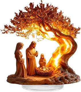 Cenário de Natal e Árvore da Vida 2D em Acrílico com Suporte para Decoração de Mesa e Presente Religioso