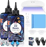 Kit de Resina UV com Luz - 200g Kit de Resina UV de Cura Ultravioleta de Tipo Rígido Cristalino Atualizado, 8 Lâmpadas de LED UV, Resina UV com Luz para Criação de Joias Artesanais
