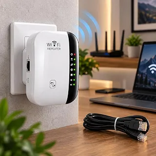 Extensor de Sinal WiFi 300Mbps com Porta Ethernet, Repetidor e Amplificador de Internet Sem Fio, Booster de Alcance para Casa, Cobertura até 3000m² e 35 Dispositivos, Fácil Configuração, 110V/220V