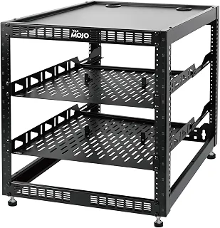 Tecmojo Rack de rede de estrutura aberta 12U para equipamentos de TI e AV, suporte AV no chão ou na parede, com 2 prateleiras de rack 1U e ferragens de montagem, rack de rede para dispositivos de rede