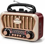 Rádio Retrô Portátil Bluetooth Recarregável AM FM SW com USB, Cartão de Memória e AUX, Vermelho com Dourado