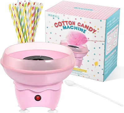 Máquina de algodão doce, mini máquina de doces para crianças, clássica máquina de doces rosa para Natal, casa, festa de família, inclui 25 palitos de algodão e colher