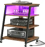CHOEZON Suporte de mídia AV de 4 níveis com rodas, suportes estéreo, prateleira de console de mídia com réguas de energia, luzes LED, torre de rack de armário de áudio de madeira, marrom rústico e