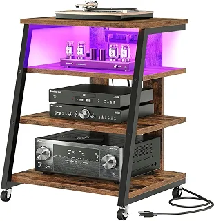 CHOEZON Suporte de mídia AV de 4 níveis com rodas, suportes estéreo, prateleira de console de mídia com réguas de energia, luzes LED, torre de rack de armário de áudio de madeira, marrom rústico e