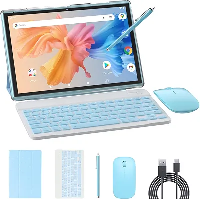NOVOJOY Tablet 2 em 1, tablet Android 14 de 10 polegadas, tablets com teclado, mouse, capa, caneta, 64 GB de ROM + 8 GB de RAM, câmera dupla de 2 MP + 8 MP, processador Quad Core, bateria de 6000 mAh