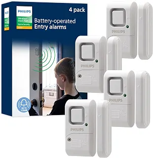 Philips Alarme de Segurança Pessoal Para Janelas E Portas, Pacote com 4 Unidades, Proteção Faça Você Mesmo, Alerta Contra Roubo, Sem Fio, Campainha/Alarme, Fácil Instalação, Ideal Para Casa, Garagem