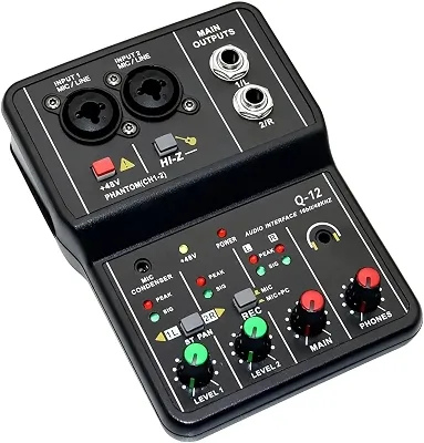 Q-12 Interface de audio,placa de som profissional de canal USB 2.0 DC 5V de alta velocidade, função de monitor para estúdio/gravação musical/jogos/Equipamentos para Gravação Musical