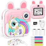 Câmera Infantil com Impressão Instantânea, 32GB, Vídeo 1080P, Rosa