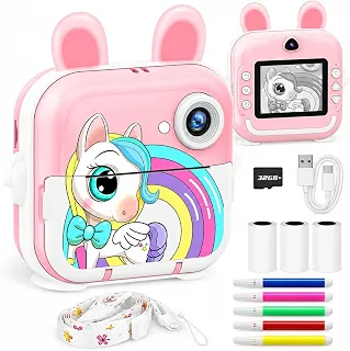 Câmera Infantil com Impressão Instantânea, 32GB, Vídeo 1080P, Rosa