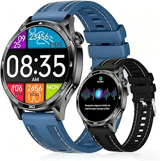 Smartwatch Relógio Inteligente com IA ChatGPT, 1.43’’ AMOLED, iOS Android, 3ATM À Prova d’Água, Monitor de Frequência Cardíaca e Sono, 100 Esportes, Inclui 2 Pulseiras (Grafite + azul)