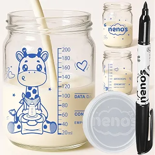 5 Potes de Vidro Armazenar Leite Materno ou Papinha com Graduação 200ml - GIRAFA