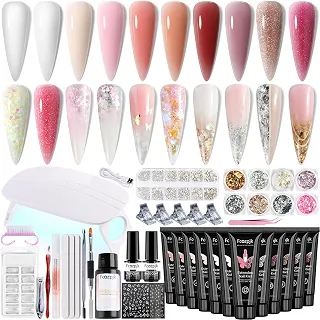 Fcozpjk Kit Completo De Gel Poly Para Unhas Com Luz UV, 12 Cores, Kit Para Iniciantes Com Gel Construtor, Moldes Duplos, Solução Deslizante, Glitter Grosso, Conjunto Para Design De Unhas