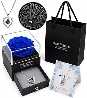 Kit Presente Rosa Eterna Com Colar Eu Te Amo 100 Idiomas Caixa De Luxo E Sacola