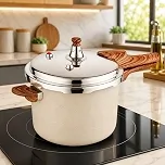 Panela de Pressão 4,2L com Revestimento Cerâmico Antiaderente, Fundo de Indução, Tampa em Aço Inox, Cabo Amadeirado e Sistema de Segurança