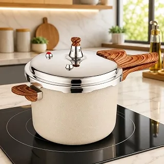 Panela de Pressão 4,2L com Revestimento Cerâmico Antiaderente, Fundo de Indução, Tampa em Aço Inox, Cabo Amadeirado e Sistema de Segurança