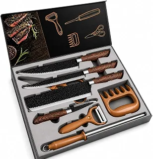 Kit Churrasco Madeirado, Conjunto 8 Peças, Facas Gourmet, Corte Navalha Antiaderente Premium - T2X Soluções (Madeirado)