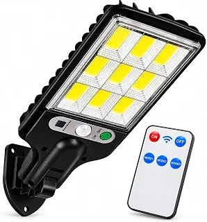 Luminária Solar de Parede 9 COB LED com Sensor de Presença e Controle Remoto 3 Modos de Iluminação Luz Externa Resistente à Água para Jardim Garagem Quintal Corredor e Entrada