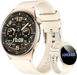 Bettdow Smartwatch feminino Redondo AMOLED 1.43' - Relógio Inteligente com Chamadas Bluetooth, 178+ Modos Esportivos, IP68 à Prova d‘Água, Compatível Android/iOS (Bege)