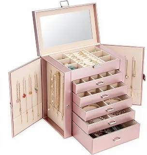 Caixa de joias grande de 6 camadas com espelho, 5 gavetas e portas laterais duplas (ouro rosa e prata)