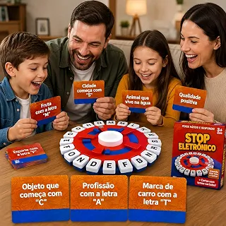 Jogo Stop de Palavras Eletrônico em Português 10 Segundos com Temporizador Sonoro Cartas Brinquedo Inteligente Interativo Educativo de Raciocínio Rápido para Crianças Adultos Família Festa e Viagem