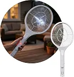 Raquete Elétrica Mata Mosquitos e Pernilongos, Recarregável, Bivolt, Rede de Proteção com 3 Camadas, Branco ou Cinza