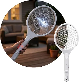 Raquete Elétrica Mata Mosquitos e Pernilongos, Recarregável, Bivolt, Rede de Proteção com 3 Camadas, Branco ou Cinza