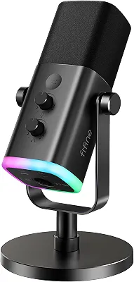 FIFINE Microfone dinâmico USB/XLR para gravação de podcast,microfone streaming para jogos de computador com RGB,botão de mudo,conector para fones de ouvido,suporte de mesa，para cantar e YouTube- AM8