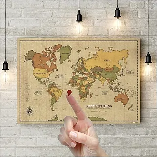Pôster Mapa-Múndi Vintage A1 (84x59cm) + 220 Pins Adesivos p/Marcar suas Viagens