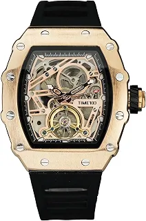 Relógio Automático Masculino Esqueleto Quadrado, Mostrador Grande, Resistente à Água 30m, Pulseira Silicone