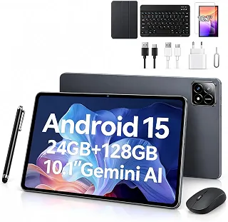 Tablet Xixaomiro Pad 10.1' Android 15, 128GB ROM + 24GB RAM, Tela 120Hz, Octa-Core, Câmera 13MP + 5MP, Bateria 8000mAh, Kit com Teclado, Mouse e Caneta Stylus para Trabalho e Estudos (Cinza claro)