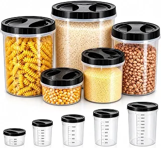 Kit Conjunto 5 Potes Plástico com Tampa Rosca Preta Porta Mantimentos 500ml a 6L Livre de BPA Micro-ondas Freezer Lava-Louças Armazenar Alimentos Arroz Feijao Cozinha Macarrão Transparente Premium
