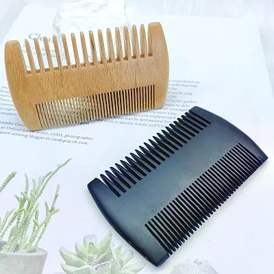 Conjunto de 2 pentes de bigode de madeira com 14 dentes, ferramenta de cuidados frente e verso para manutenção de barbas e pelos faciais - multicolorido
