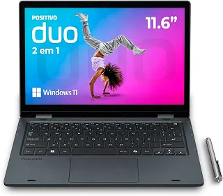 Notebook 2 em 1 Positivo Duo Intel Celeron N4500 4GB RAM 128GB de Armazenamento Tela 11' HD IPS touch com caneta capacitiva, Windows 11 Home – Cinza – C4128E