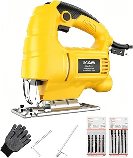 Serra Elétrica 710W 110V, Motor de Cobre Puro, 6 Velocidades, Corte Reto/Curvo/Inclinado, com Aspiração e 10 Lâminas, Ideal para Madeira, Metal e PVC