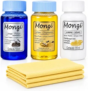 Trio Monzi Limpa Joias 125ml Prata, Chapeados e Ouro + 3 Flanelas