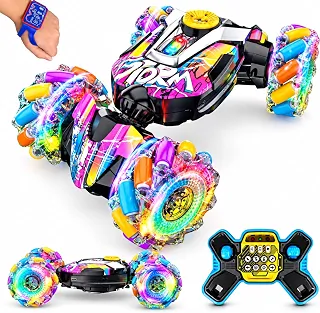 Carrinho Acrobático 4x4 Twister Controle Remoto E Pulseira De Gestos Com Fumaça Luzes LED Giro 360° Anda De Lado Dois Modos De Altura Bateria Recarregável Brinquedo Infantil Crianças