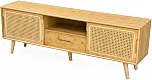 Rack para TV em bambu, com portas e gaveta foscas, opções de armazenamento e fechado com gerenciamento de cabos, ideal para sala de estar, loft e escritório.