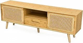 Rack para TV em bambu, com portas e gaveta foscas, opções de armazenamento e fechado com gerenciamento de cabos, ideal para sala de estar, loft e escritório.