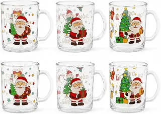 Kit 6 Canecas de Vidro Transparente Natalina Presentes do Noel 330ml - Estampas Sortidas de Natal Papai Noel para Café, Chá e Chocolate Quente