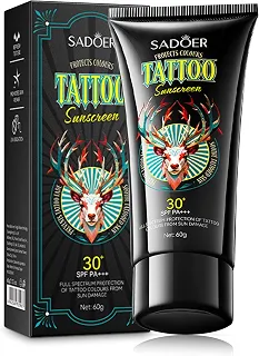 Protetor solar SADOER Tattoo FPS 30+, protetor solar tatuagem com óleo de abacate e jojoba, hidratante não oleoso com ácido hialurônico para pele e tinta vibrantes, 59 ml