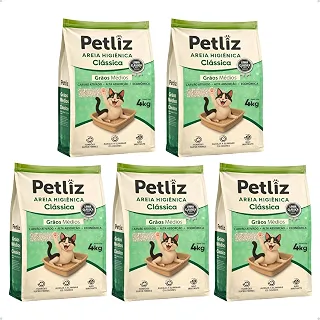 Kit 5 Unidades PetLiz Areia Higiênica Clássica para Gatos Grãos Médios Natural Alta Absorção Controle de Odores 20kg